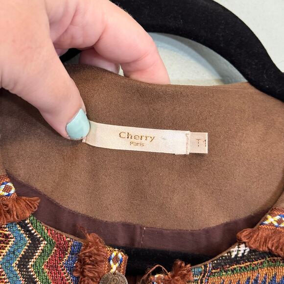 Cherry Paris Pap Jacket Perm Womens T1 Small Brown Ethnic Tribal Boho Fringes - Picture 8 of 8